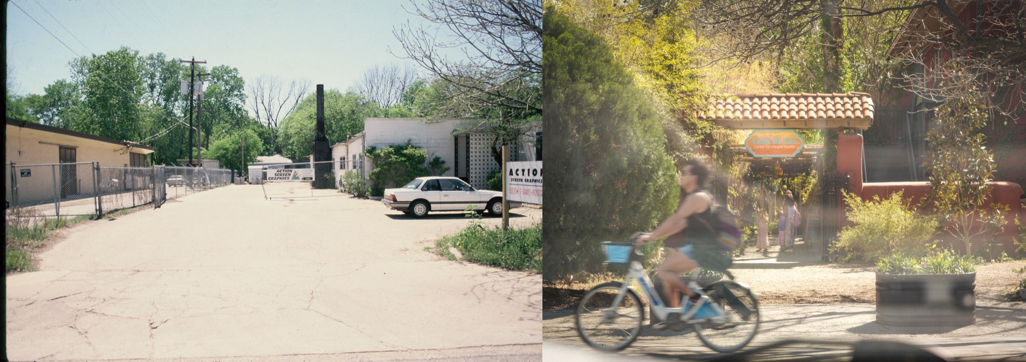 Side-by-side comparison: the 1701 Toomey site as an empty industrial lot, and the same view today as the planted entrance to Casa de Luz